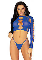 Комплект Leg Avenue Long sleeve crop top & string Royal Blue One Size TOS