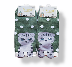 Шкарпетки жіночі з принтом котика мордочки з вушками зелені короткі 36-41 Наталі