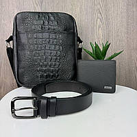 Новинка! Подарочный набор Кожаная мужская сумка барсетка + кожаный ремень + кошелек портмоне из натуральной