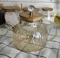 Стеклянный заварочный чайник 1 литр с бамбуковой крышкой "Gold"