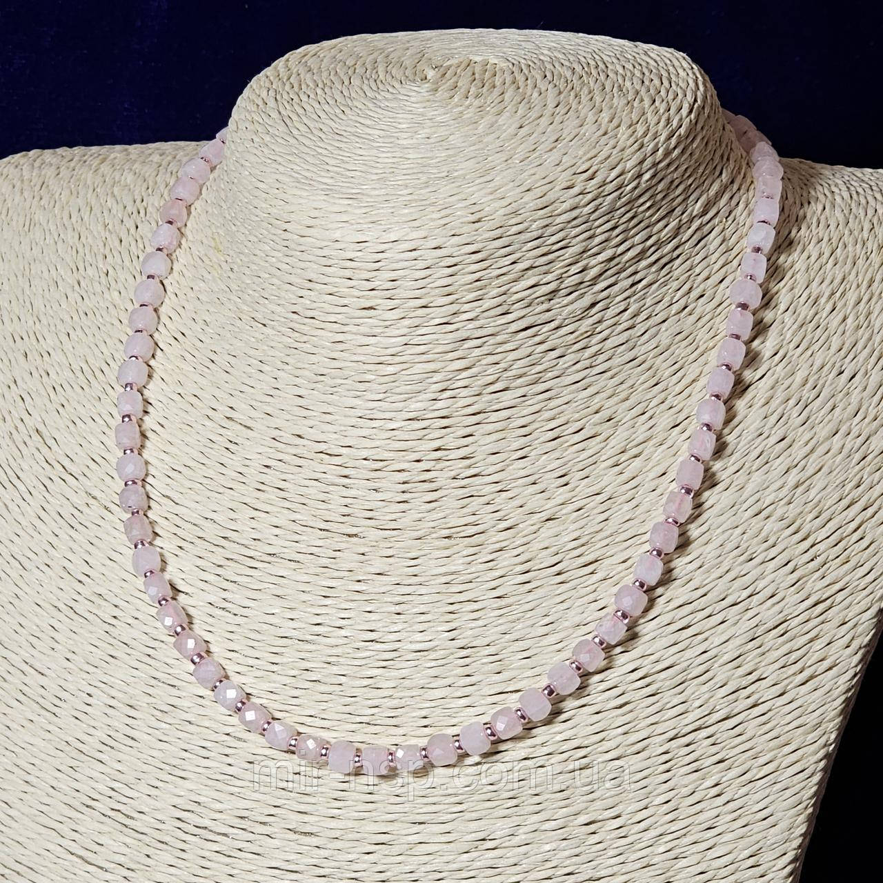 Чокер та браслет 100% натуральний рожевий кварц 4 мм довжина чокера 39 см браслет 19,5 см, фото 1