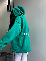 Женский удлиненный худи оверсайз с надписью CULTURE батник трехнить на флисе с капюшоном 42-48 свитшот Зеленый