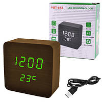 Годинники мережеві VST-872-4, зелені, (корпус коричневий) температура, USB Dr