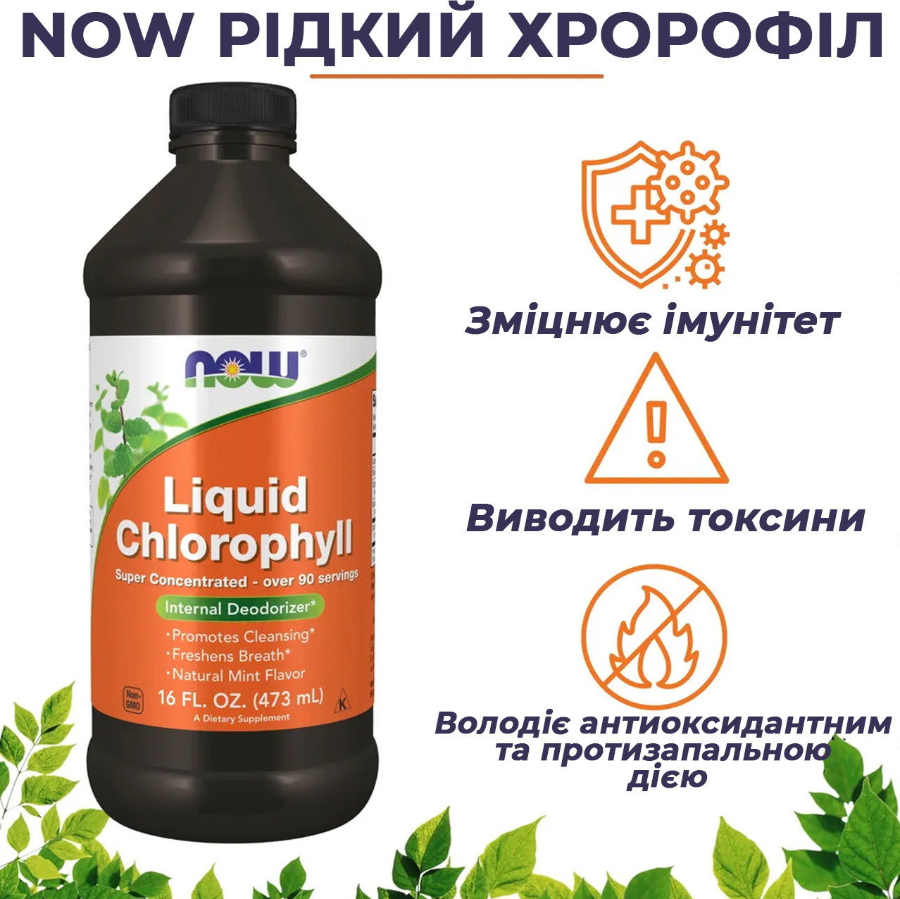 Жидкий хлорофилл, NOW Foods, аромат натуральной мяты, 473 мл (ID ...