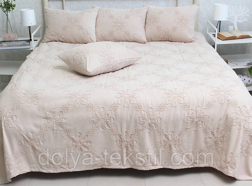 Покривало бавовняне з вишивкою 160х240 ТМ PrimaTeks Mystery beige