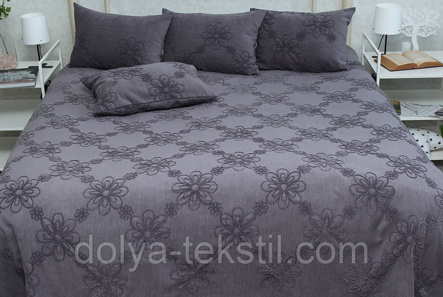 Покривало бавовняне з вишивкою 240х250 ТМ PrimaTeks Mystery grafit, фото 1