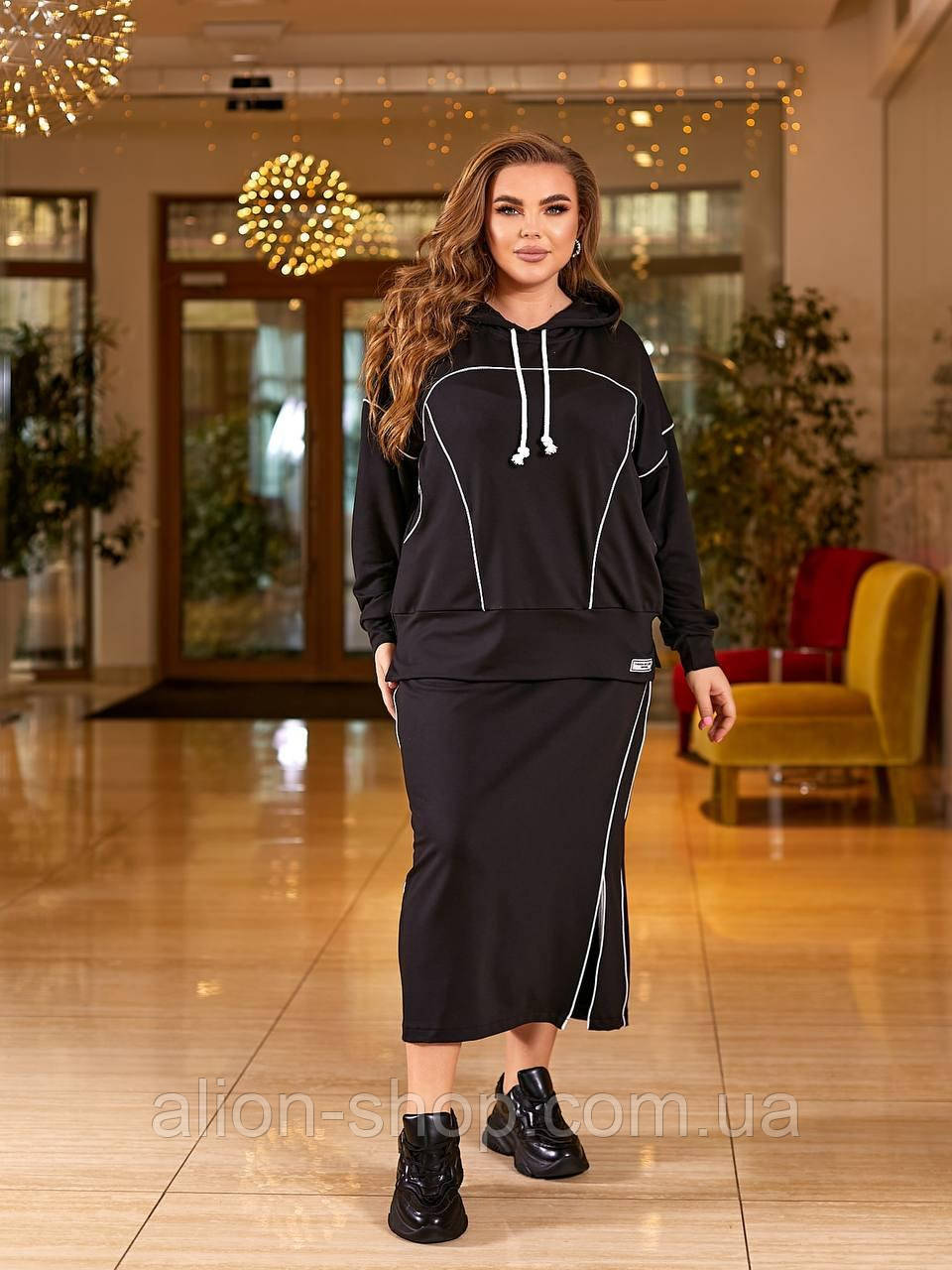 Жіночий стильний костюм зі спідницею у спортивному стилі батал новинка 2024, фото 1