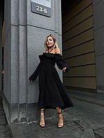 Красивое черное женское удлиненное платье из софта с длинным рукавом, в груди на резинке
