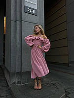 Красивое розовое женское удлиненное платье из софта с длинным рукавом, в груди на резинке