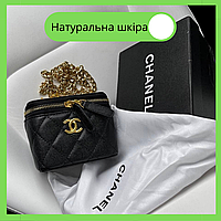Женская мини сумка коробочка Chanel натуральная кожа черная через плечо на золотой цепочке