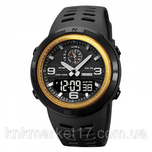 Водостійкий годинник (50 м) з подвійним часом Skmei 1655GDBK Gold-Black, фото 1