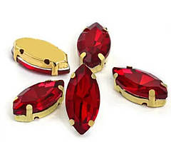 Стразовий декор (пришивний камінь) 9*18 мм, колір каменю -червоний, основа золото 1 шт