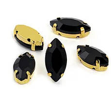 Стразовий декор (пришивний камінь) 9*18 мм, колір каменю -чорний, основа золото 1 шт, Чорний