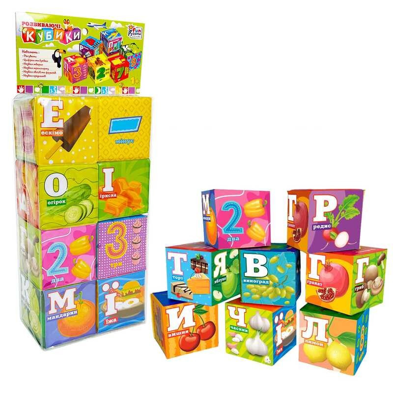 Кубики 10950 (36/2) "4FUN Game Club", "Їжа", 6 штук, м'які, водонепроникна тканина, літери, цифри, арифметичні знаки, в пакеті