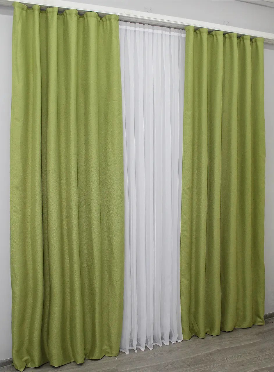 Комплект світлонепроникних штор оливкового кольору з льону, висотою 2.7м (М5-15)