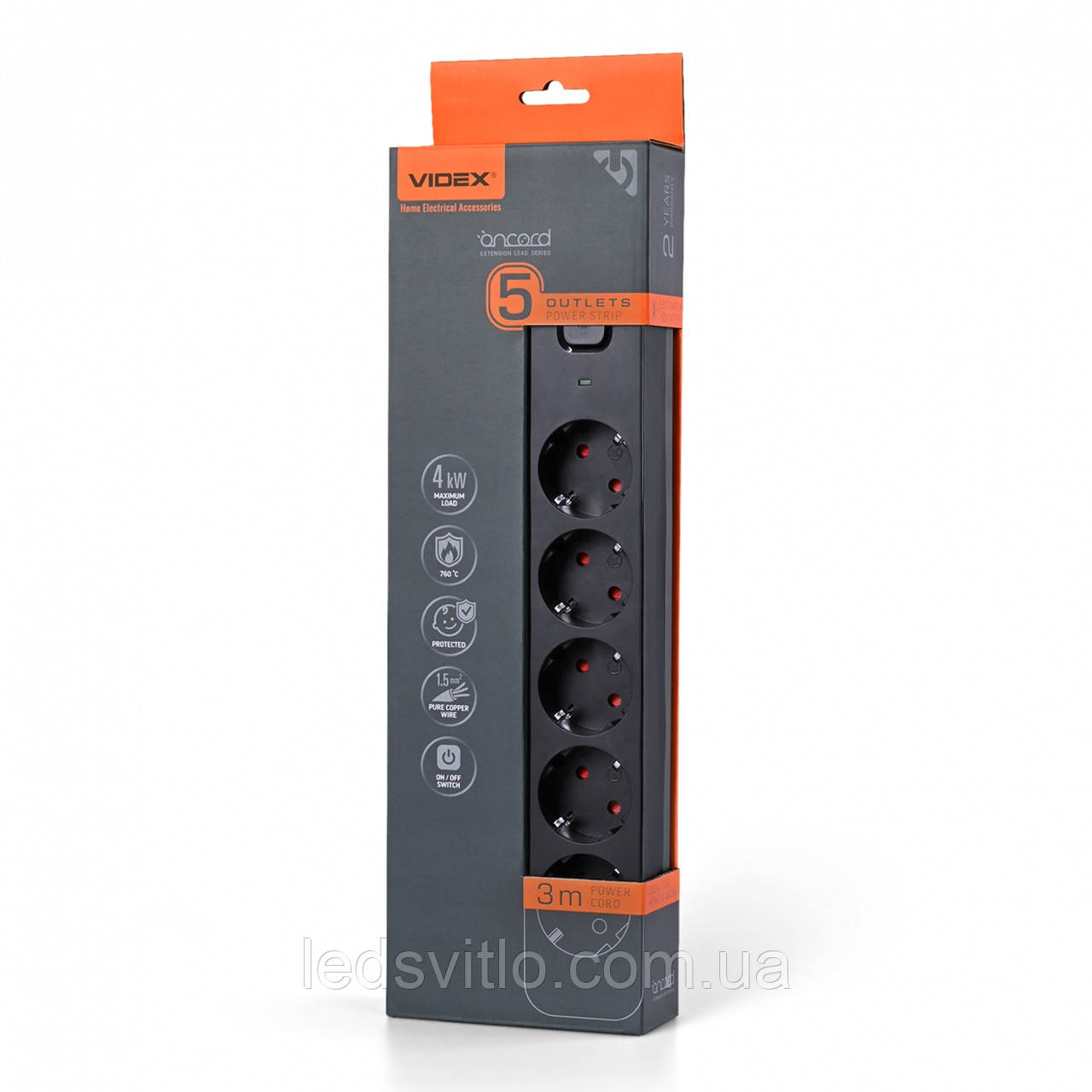 Мережевий подовжувач VIDEX ONCORD з/з 5п 3м (3x1.5мм) з кнопкою Black