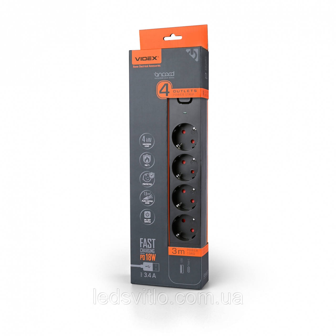 Мережевий подовжувач VIDEX ONCORD з/з 4п 3м (3x1.5мм) 3.4А USB(QC3.0) +USB-C(PD18W) з кнопкою Black