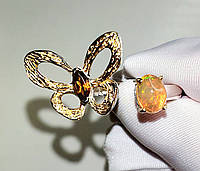 Серебряное Кольцо с натуральным Огненным эфиопским Опалом и Турмалином безразмерное "Бабочка" , регулируется