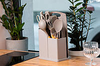 Набор кухонных принадлежностей на подставке 19 штук кухонные аксессуары из силикона с бамбуковой ручкой Серый