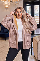 Стильная куртка-бомбер батал, модная ветровка эко кожа большие размеры, женская куртка батал