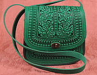 Большая кожаная женская сумка ручной работы "Дубок", зеленая сумка через плечо, сумка зеленого цвета