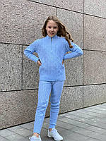 Теплий костюм для прогулянок на дівчинку з в'язаного трикотажу штани і светр блакитного кольору р.122-158