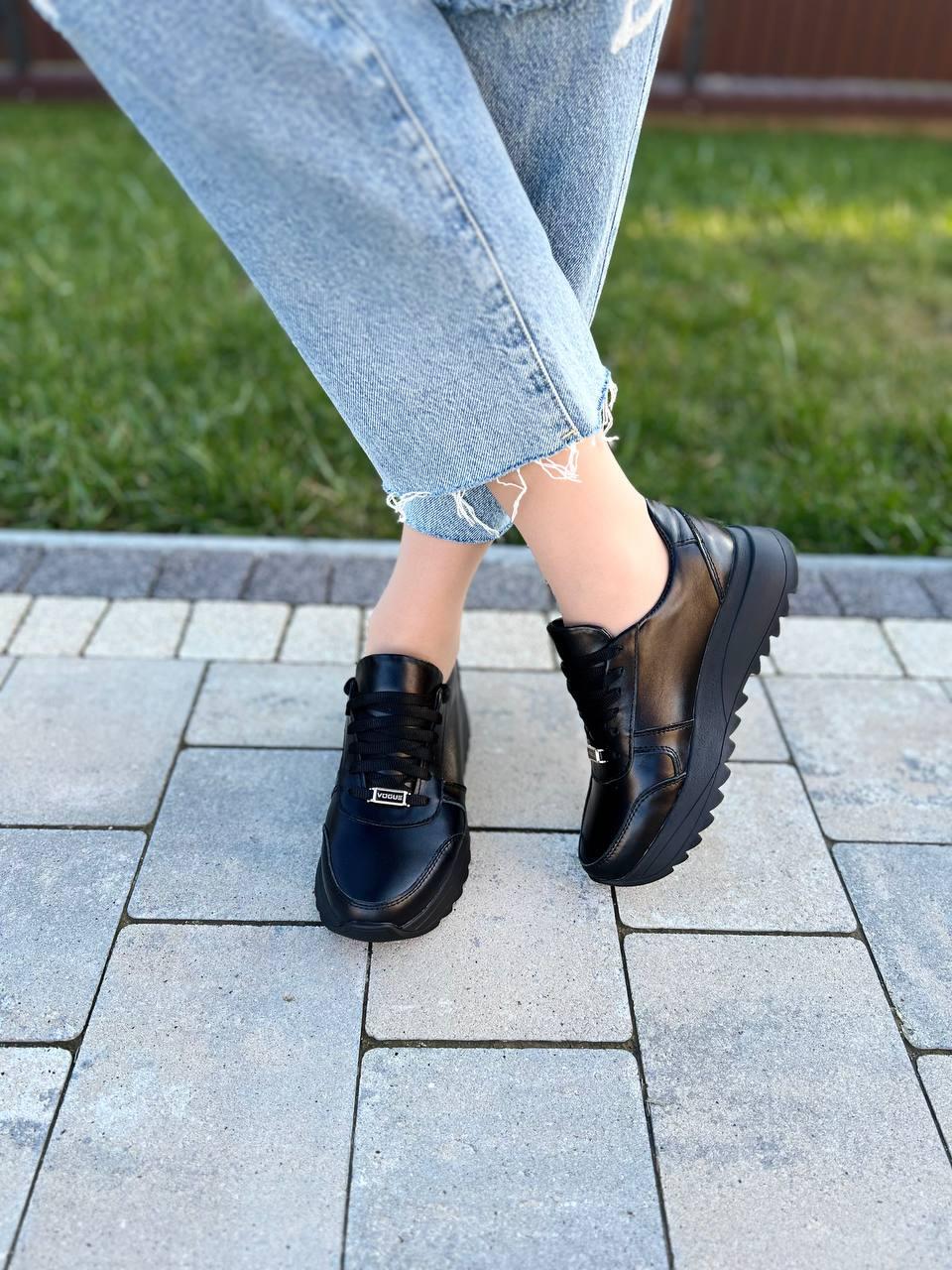 Жіночі чорні шкіряні кросівки Модні кросівки чорного кольору натуральна шкіра