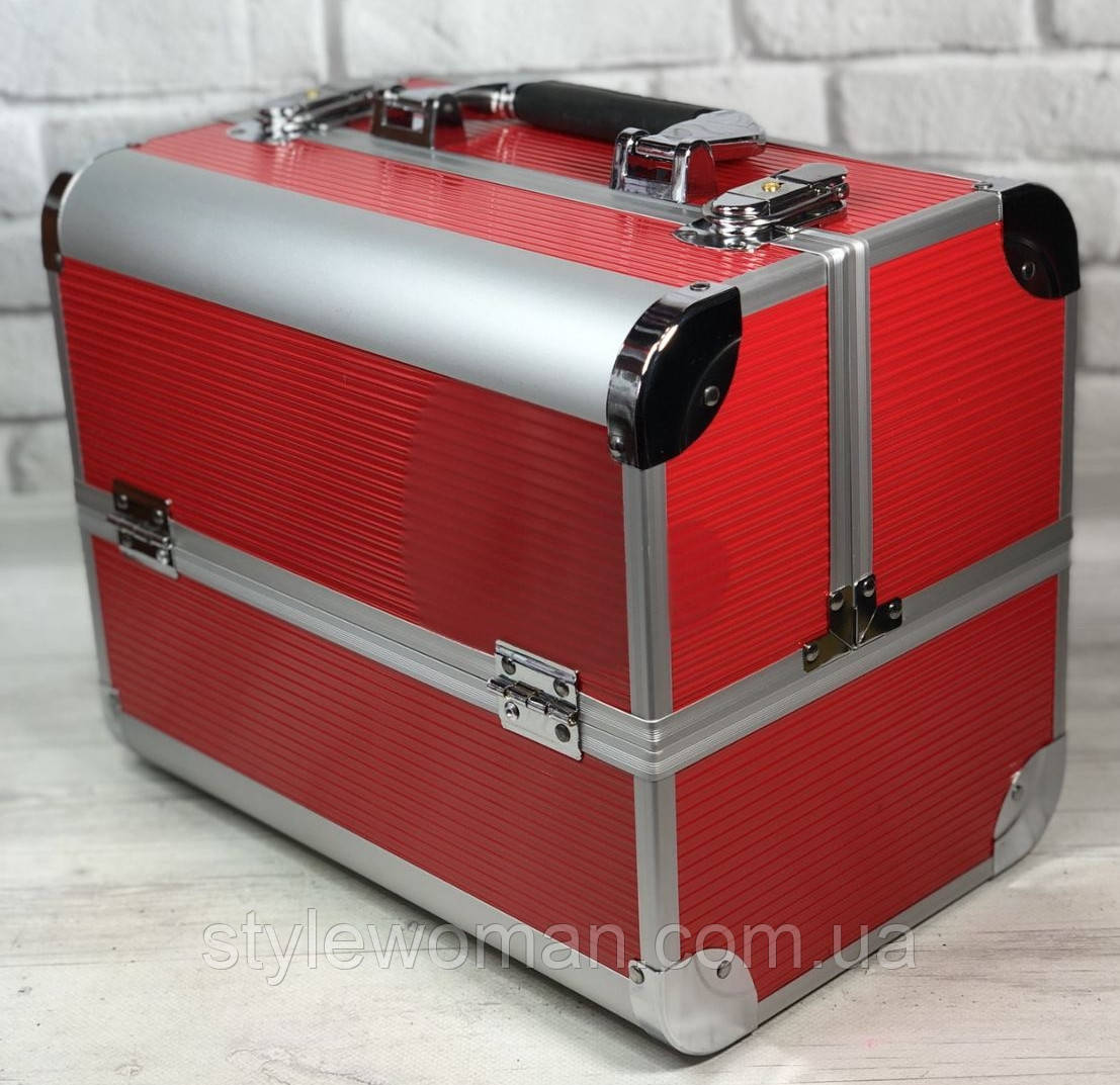 Бьюти кейс алюминиевый чемодан с ключом красный полосы гафре - фото 1 - id-p988909792