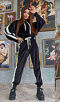 Женский спортивный костюм велюровый укороченная кофта и штаны чёрный с белыми лампасами 42-44-46 48-50-52