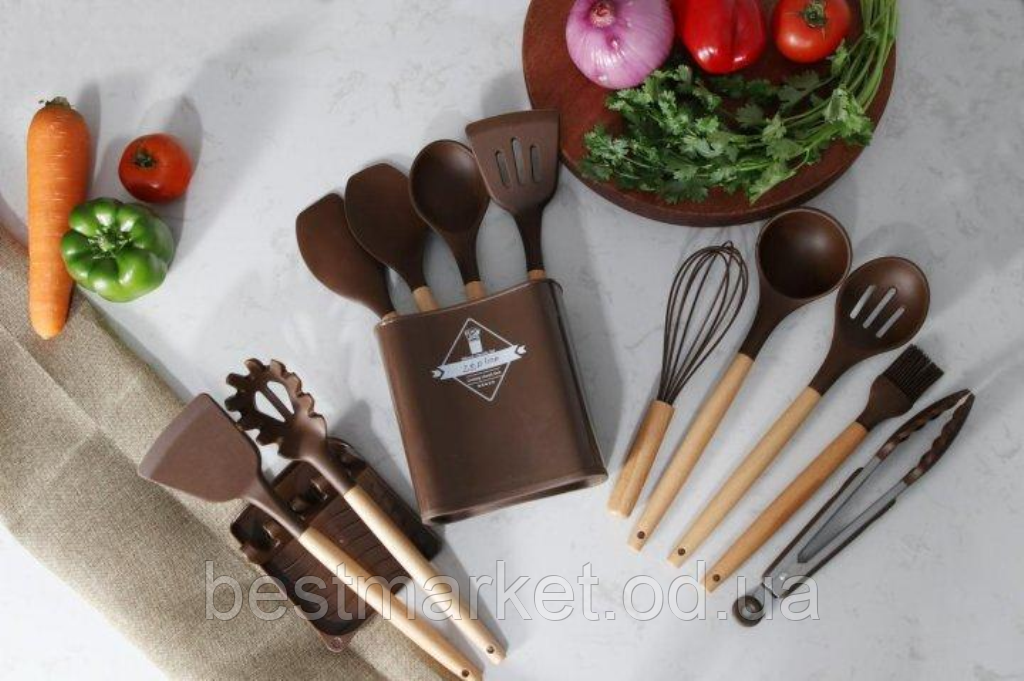 Набір Кухонного Приладдя на Підставці 13 в 1 Zepline ZP-053 Коричневий