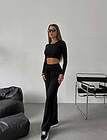 Женский черный костюм (короткий топ с длинным рукавом + штаны широкие на резике) вискоза мод 327 AN M-L, Черный