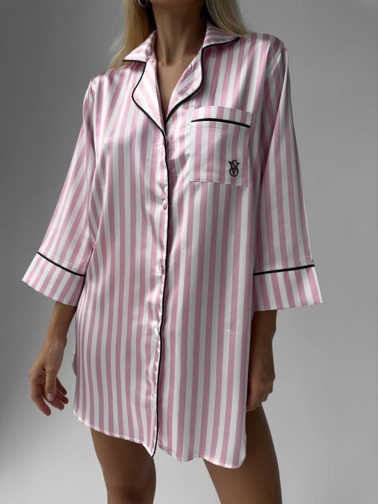 Сатинова жіноча сорочка для сну та дому L-XL рожева в білу смужку