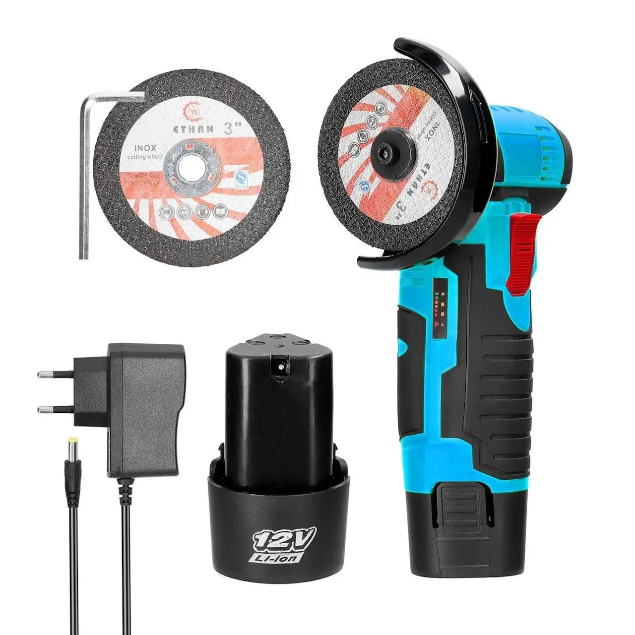 Акумуляторна міні болгарка 12V кутова шліфувальна машинка з 2 акумуляторами в кейсі + 2 диски, фото 1