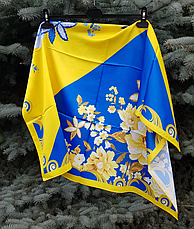 Шовкова хустка патріотична Діагональ великі квіти 90*90 см синій/жовтий, фото 4