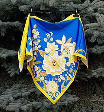 Шовкова хустка патріотична Діагональ великі квіти 90*90 см синій/жовтий, фото 2