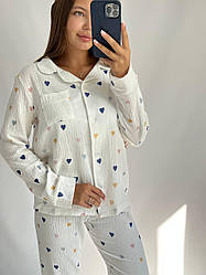 Жіноча Муслінова піжама штани+сорочка СЕРЦЯ СИНІЙ/ЖОВТИЙ