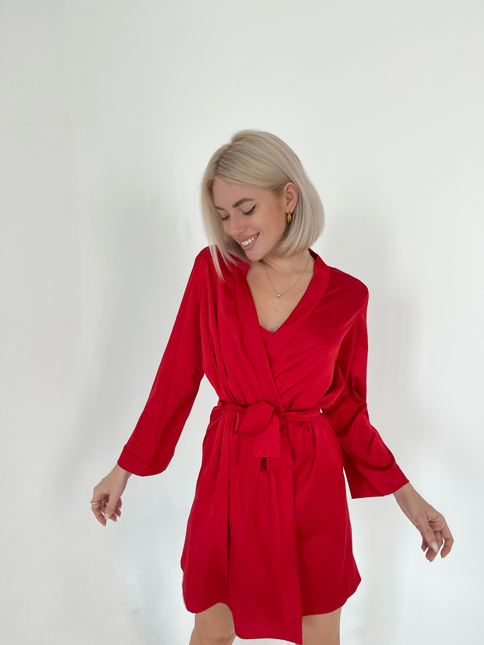 Піжама жіноча (халат і нічна сорочка) для дому та сну комплект 2ка - Червоний (S)
