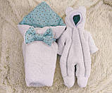 Комбінезон + конверт ковдра Тедді для новонароджених малюків, білий з бірюзовим, фото 5