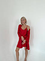 Пижама женская (халат и ночнушка) для дома и сна комплект 2ка - Красная (L)