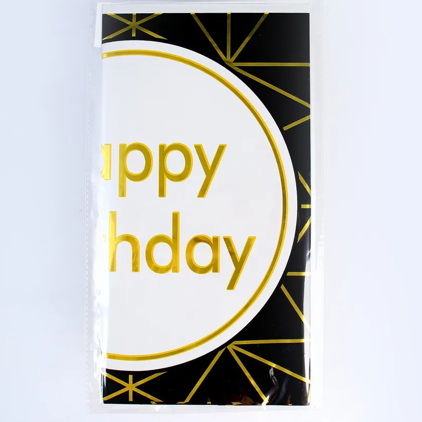 Скатертина святкова фольгована з написом Happy Birthday золоті смужки 137x183см | Чорний