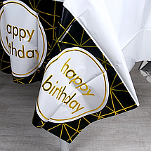 Скатертина святкова фольгована з написом Happy Birthday золоті смужки 137x183см | Чорний, фото 3