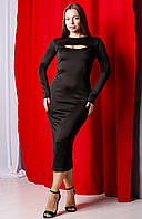 Жіноче сексуальне трикотажне плаття-футляр міді, обтягуюче по фігурі, з довими рукавами. Чорне