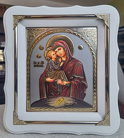 Ікона Почаївська Пресвята Богородиця в білому деревянн. фігурному кіоті під склом, розмір кіота 24*21, лік 15*18