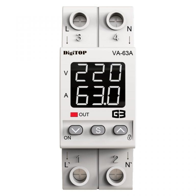 Реле напруги з контролем струму DigiTop VА-63A M2W біла індикація - фото 1 - id-p1908821350