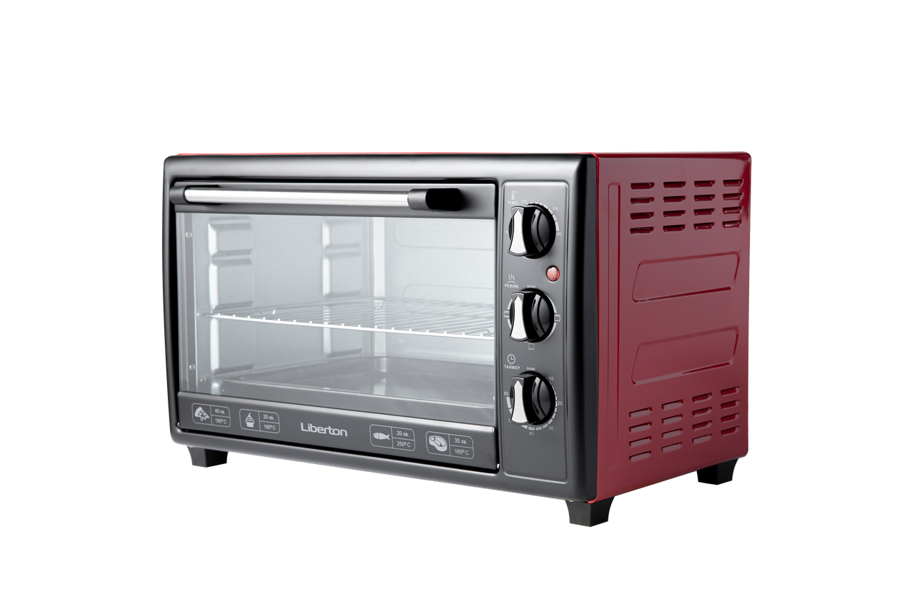 Електродуховка Liberton LEO-350 RED 1800Вт, об'єм 35л, 3 режими, макс. таймер, температура 250°C, червоний