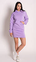 Теплое женское спортивное платье-толстовка кенгуру из трикотажа на флисе, повседневное. Сиреневое 42