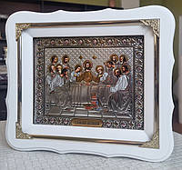 Икона Тайная Вечеря в белом фигурном деревянном киоте под стеклом, размер киота 24*21,сюжет под серебро 15*18.