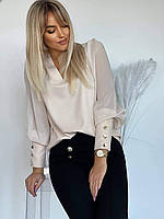 Жіноча ошатна блузка софт стильна із широкими рукавами, бежева, розмір 48/50