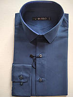 Мужская рубашка приталенная однотонная синяя с длинным рукавом Bazzolo Размер: М . L, XL,
