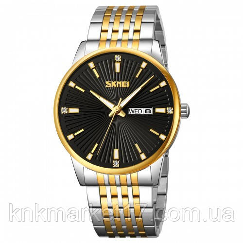 Розкішний чоловічий кварцовий годинник Skmei 9323TGDBK Silver/Gold-Black, фото 1